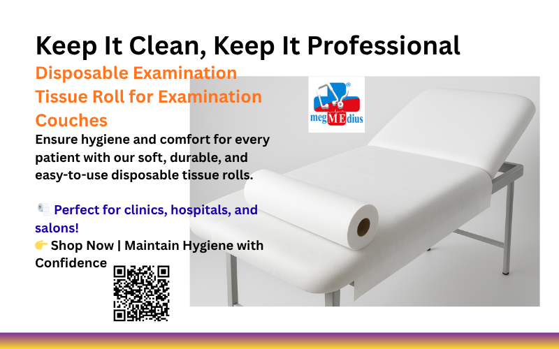 Disposable Examination Tissue Roll placed on an examination couch in a clean medical setting.