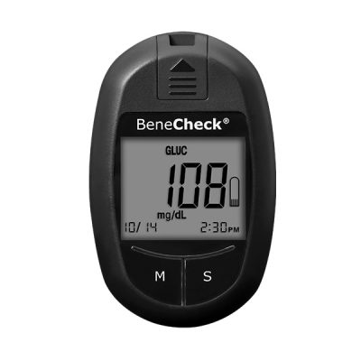 A BeneCheck Multi-Monitoring System Supreme device with its display screen and test strip visible, used for checking blood glucose levels.