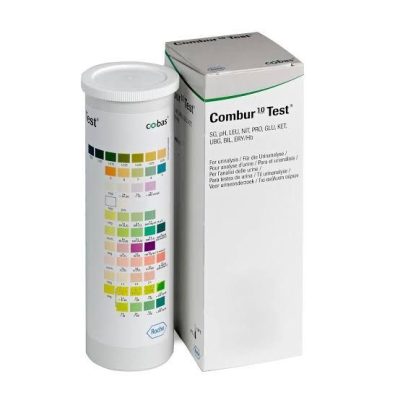 Roche Combur 10 Urine Test Strips displaying multiple parameters for accurate diagnostic testing.