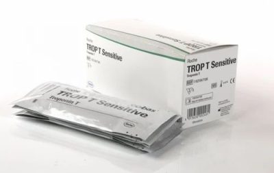 Roche Trop T sensitive cardiac Troponin T test kit for rapid visual diagnosis of heart conditions.