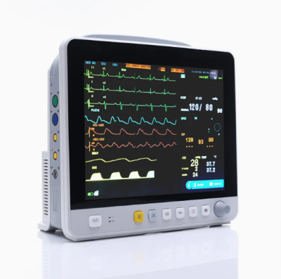 A close-up view of the Medex Smart View Pro 12 Modular Multi-Parameter Patient Monitor displaying vital signs, featuring a sleek design and a vibrant, user-friendly screen interface.