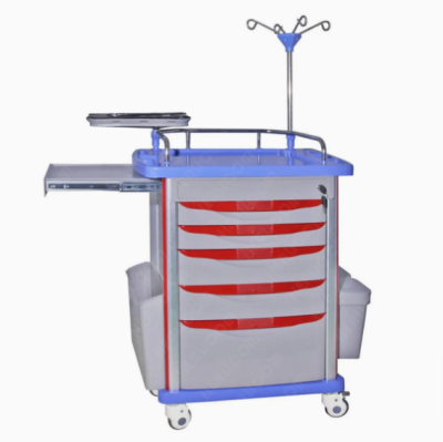 A well-organized crash cart trolley in a hospital emergency room, equipped with essential medical supplies and instruments.