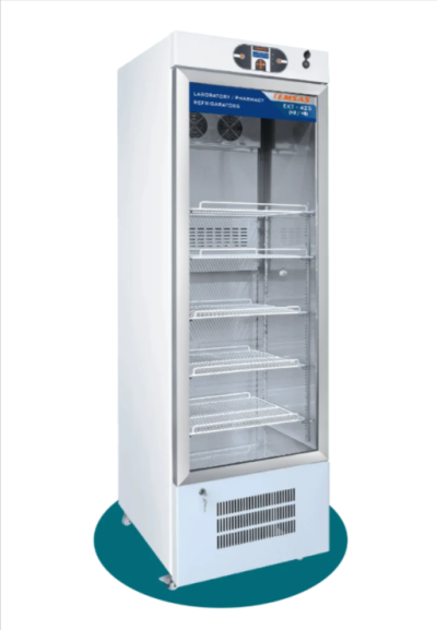 A sleek and modern Emsas EKT-425 laboratory/pharmacy refrigerator featuring a digital temperature display, durable shelving, and a spacious interior for safe storage.