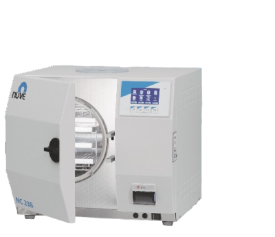 A High-Performance NUVE NC 23B/NC 32S Steam Sterilizer with a sleek, compact design, suitable for medical and laboratory applications.