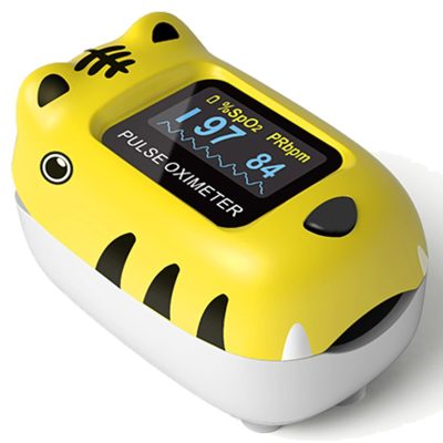 A Contec CMS50Q1 child finger blood oxygen saturation monitor, displaying a compact and child-friendly design with a bright digital screen.