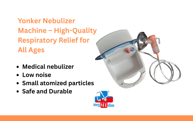 Yonker Nebulizer Machine on a table with medication cup and mask, ready for use by children or adults in a home setting.