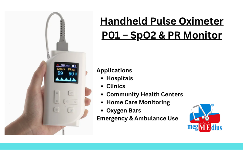 Handheld Pulse Oximeter P01 device displaying SpO2 oxygen saturation and pulse rate monitoring for patient health assessment.
