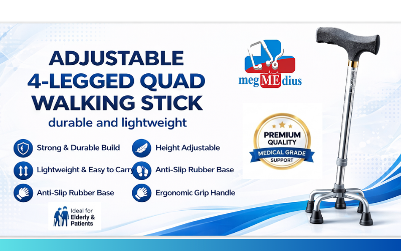 Adjustable 4-legged quad walking stick with sturdy base, lightweight frame, and anti-slip rubber feet for enhanced stability and balance