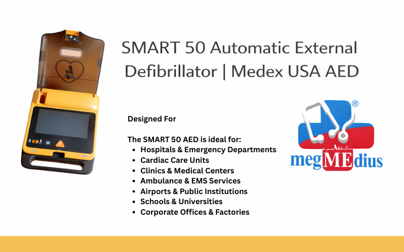  SMART 50 Automatic External Defibrillator (AED) by Medex USA used for emergency cardiac resuscitation and heart shock treatment.
