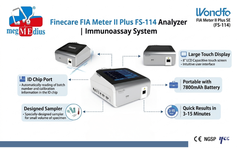 Finecare FIA Meter II Plus FS-114 immunoassay analyzer with digital display used for rapid diagnostic testing in clinical laboratories.