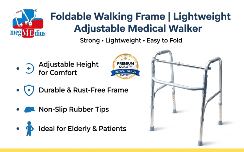  Foldable lightweight adjustable walking frame with sturdy aluminum construction and non-slip rubber tips for patient mobility support.