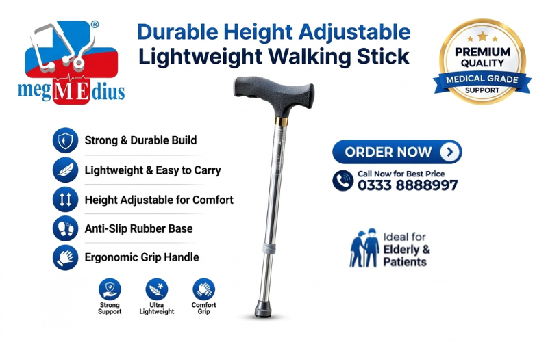 Durable height adjustable lightweight walking stick with ergonomic handle and anti-slip rubber tip for daily mobility support.