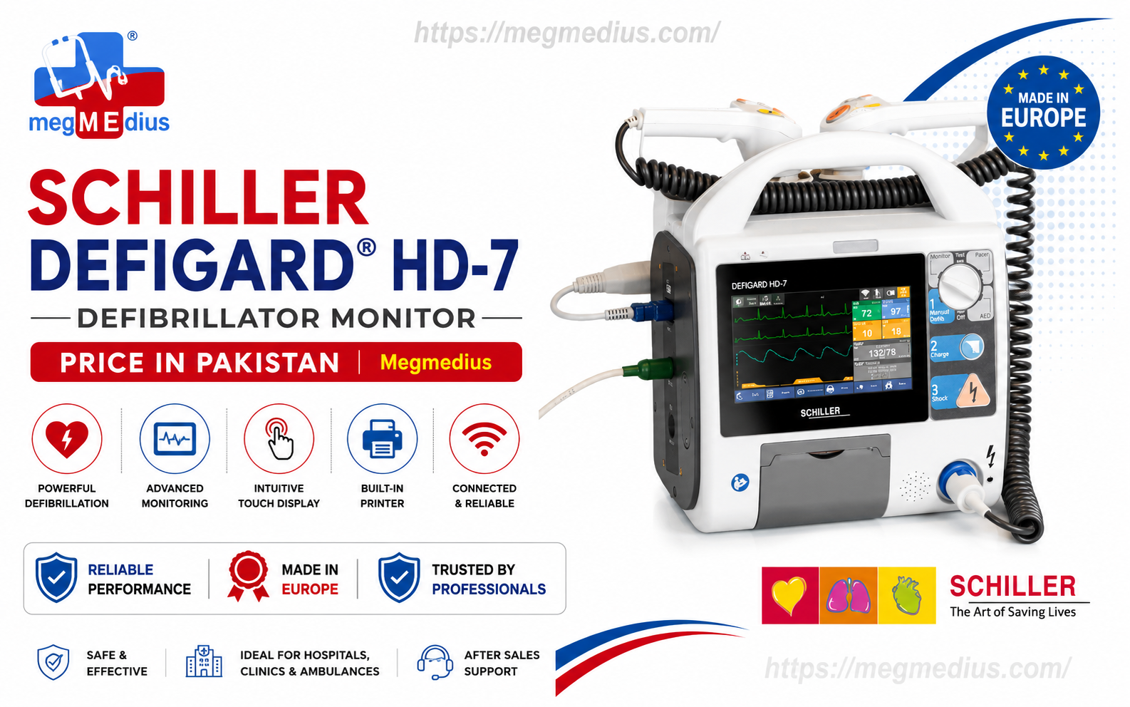  iSCHILLER DEFIGARD® HD-7 Defibrillator Monitor with integrated patient monitoring system, touchscreen display, ECG monitoring, and emergency cardiac resuscitation features for hospital and ambulance use.
