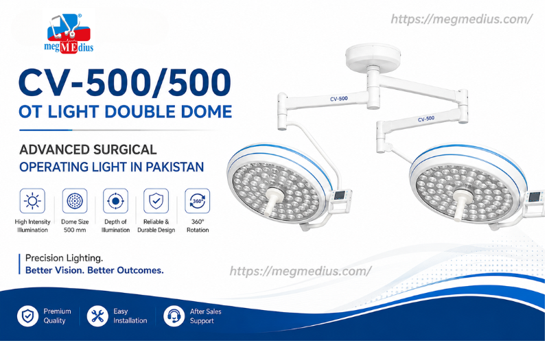  CV-500/500 OT Light Double Dome surgical operating light with dual LED domes, shadow-free illumination, and adjustable brightness for operation theaters and surgical procedures.

