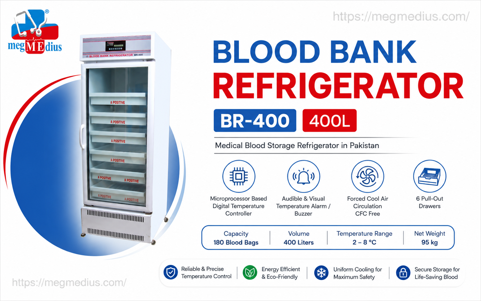 Blood Bank Refrigerator BR-400 400L medical blood storage refrigerator with glass door, temperature control system, and multiple storage shelves for safe blood preservation in hospitals and laboratories.
