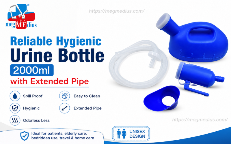 Reliable Hygienic Unisex Urine Bottle 2000ml with extended pipe, spill-proof portable urinal for patients, elderly care, bedside, hospital, and home use.
