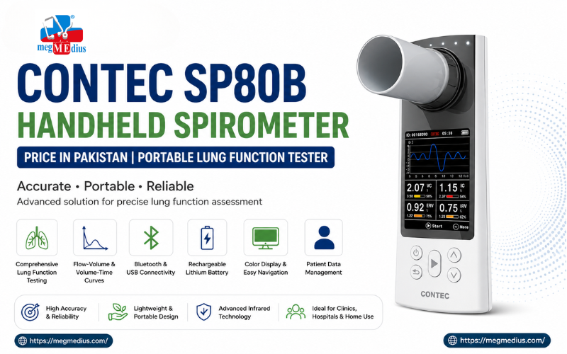 Contec SP80B Handheld Spirometer Price in Pakistan | Portable Lung Function Tester – Portable digital spirometer device with color display screen for accurate pulmonary function testing, featuring Bluetooth connectivity, rechargeable battery, and advanced respiratory monitoring technology.
