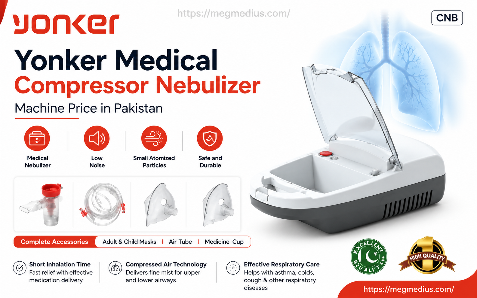 Yonker Medical Compressor Nebulizer Machine with a compact white and blue design, featuring an efficient air compressor, medication chamber, air tubing, mouthpiece, and adult/child masks. Ideal for asthma, COPD, allergies, and other respiratory treatments for both adults and children in Pakistan.