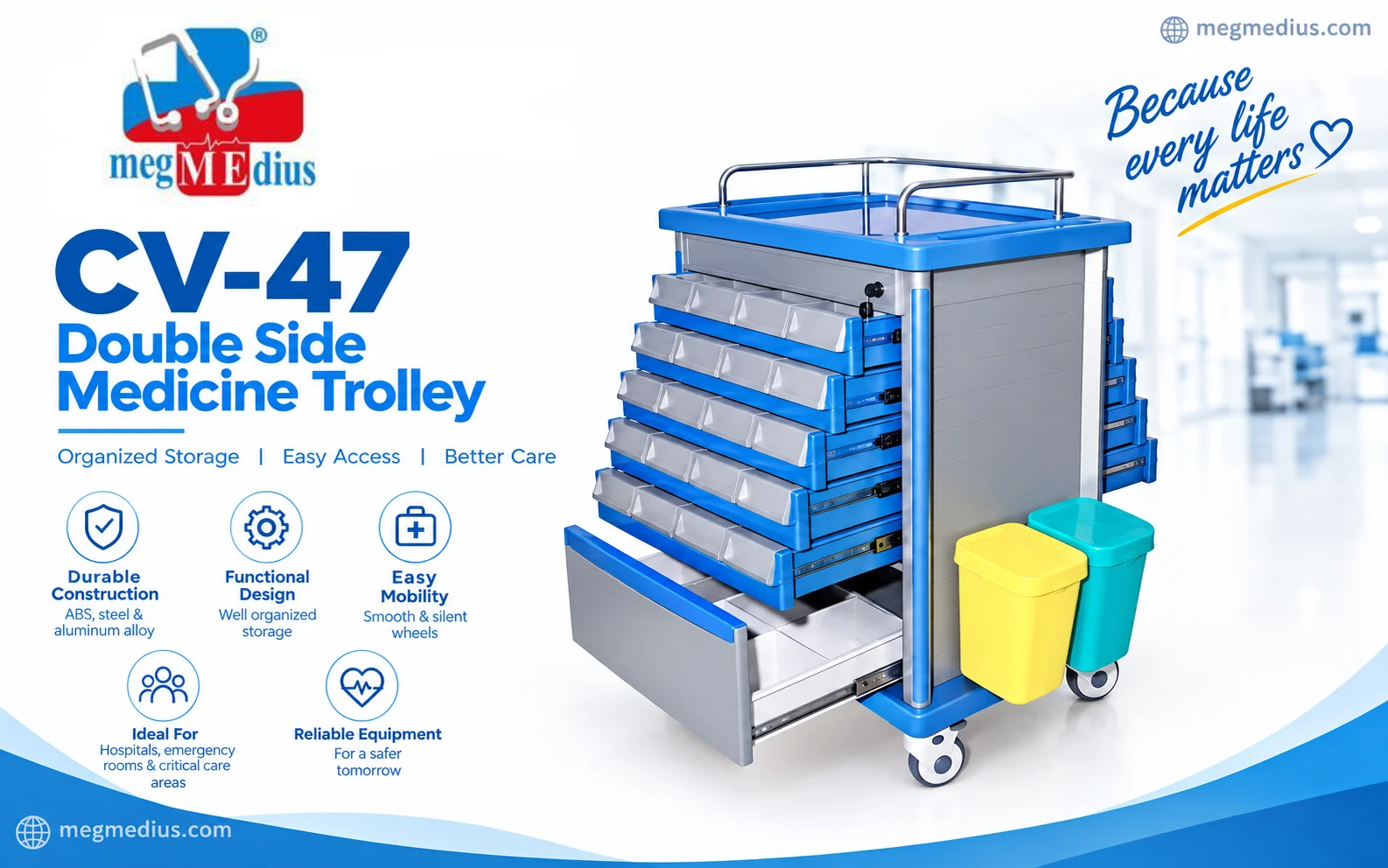 Care Vision CV-47 Double Side Medicine Trolley with multiple storage drawers and medical supply compartments