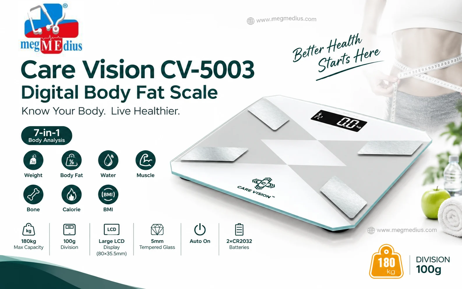 Care Vision CV-5003 Digital Body Fat Scale 180kg 7-in-1