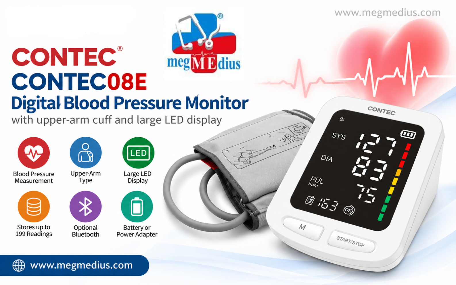 CONTEC08E Digital Blood Pressure Monitor with upper-arm cuff and large LED display