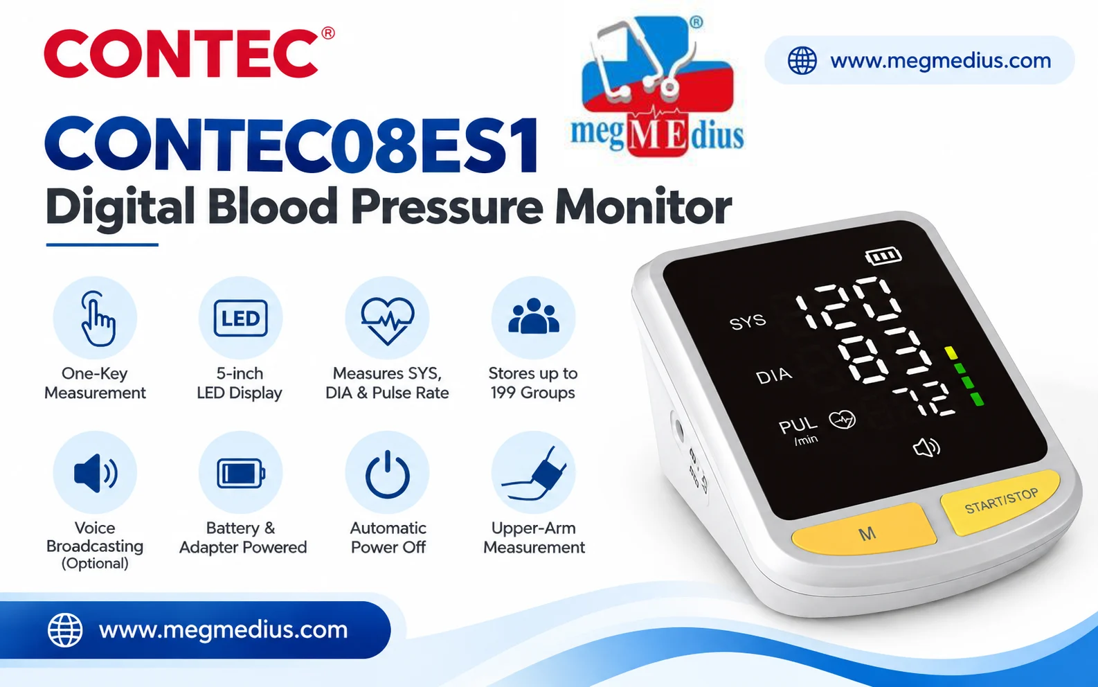 CONTEC08ES1 Digital Blood Pressure Monitor with LED display and upper-arm cuff